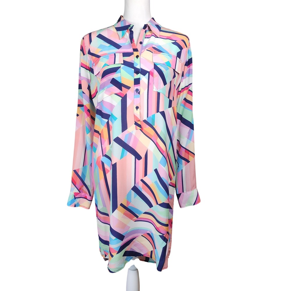 Tori Richard Silk Shirt Dress Womens 4 Pink Abstract Boho Mod Beach Dopamine 70s